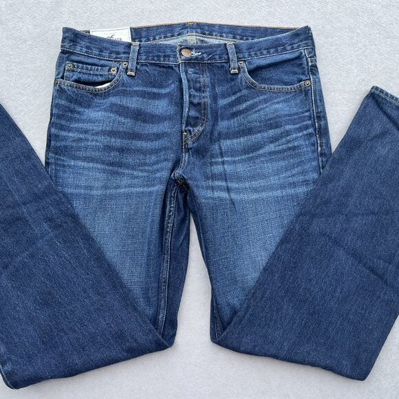 Hollister Jeans Mens 34x32 Blue Bootcut Low Rise Button Fly Dark Wash Denim - Picture 1 of 8